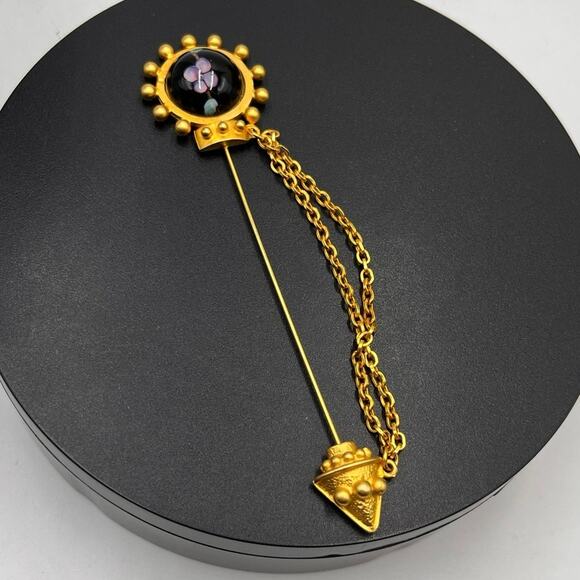 Ronnie Livia Mogul Black Glass Purple Flower Chain Drape Scarf Tie Stick Pin - Picture 1 of 8